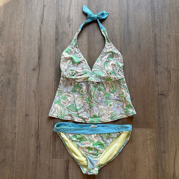 Athleta Tankini Swimsuit Sz 4 40C 38D 36DD/ Lg Green Floral Paisley Womens - Picture 3 of 7